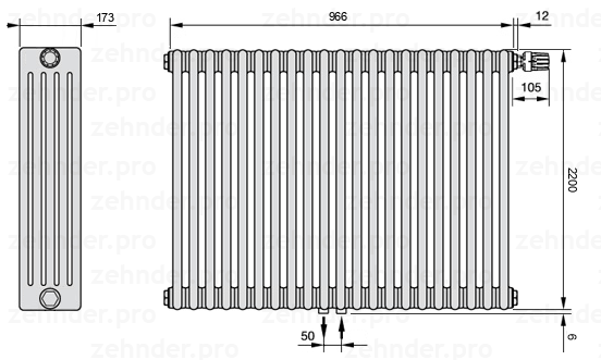 Схема (чертеж) Радиатор Zehnder Charleston 5220/21 №V008 Белый глянцевый RAL 9016